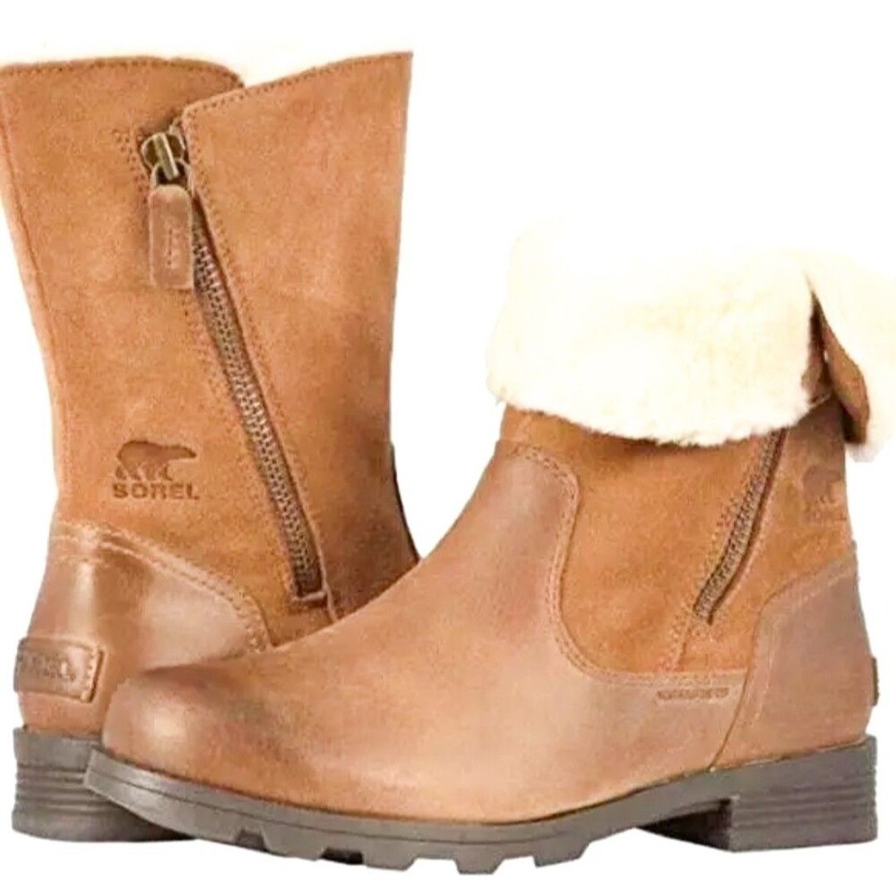 Sorel Boots Size 7 Shearling Lined Mid-Calf Emilie Foldover Tan Leather Winter